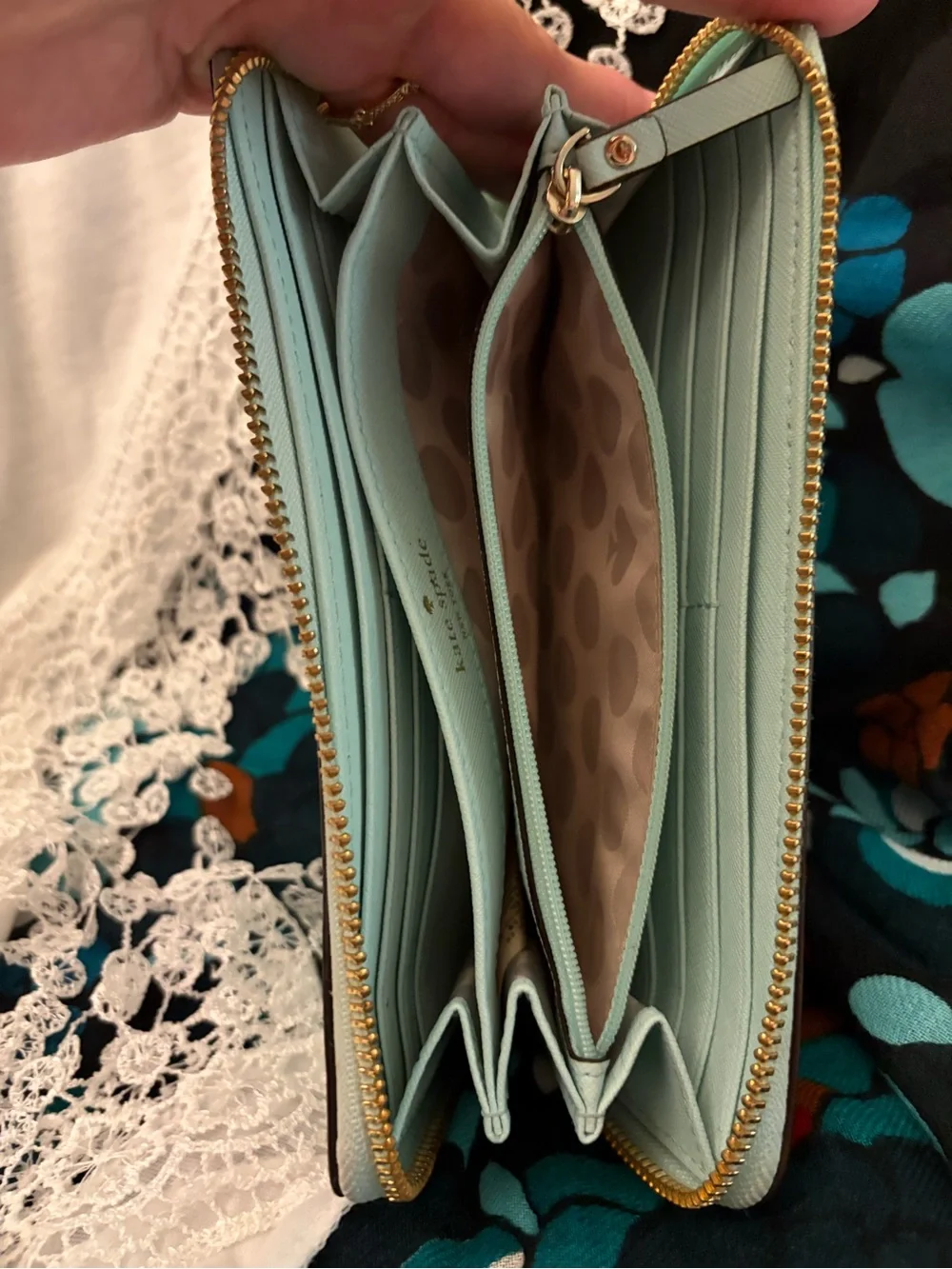kate spade pale Mint  zip-around wallet with gold logo